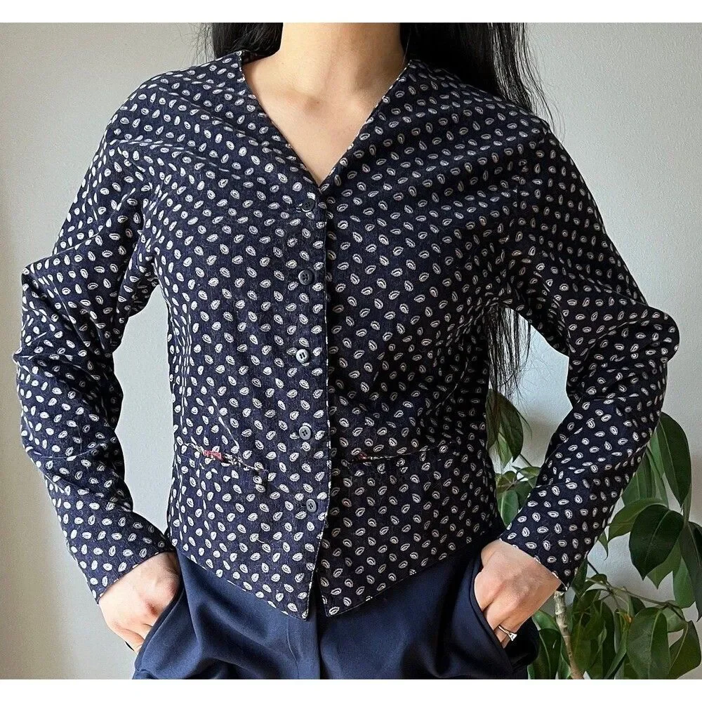 vtg 80s album by Kenzo corduroy jacket paisley blue retro top Medium - Picture 3 of 9